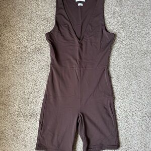 Babaton Brown Sleeveless Romper with Scoop Neckline